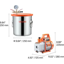 Vevor 11,36 L Vakuumkammer mit Pumpe, 99 L/min, Edelstahl, Entgasungskammer-Kit, einstufig, Deckel aus gehärtetem Glas, 1,5 m Schlauch, zur Stabilisierung von Holzentgasungs-Silikonharz
