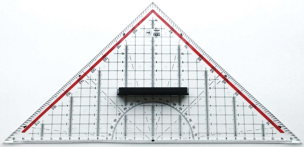Zeichendreieck 32 cm glasklar, Skala rot hinterlegt, 180° - 1°, 45°-Linie, markierte Winkel 7°, 42°, 75°