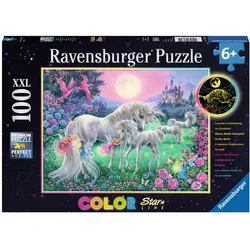 Ravensburger Puzzle - Dreifarbiges Leuchtpuzzle - Einhörner im Mondschein, 100 Teile