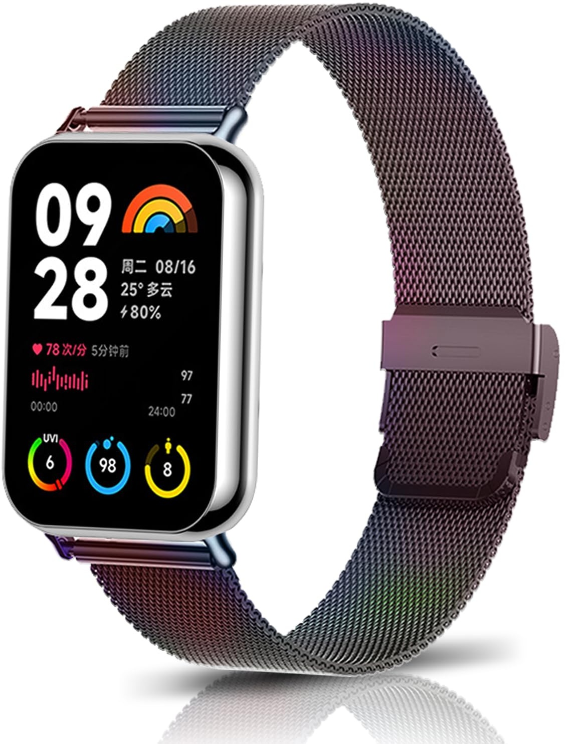 KoGiio Armband Kompatibel mit Xiaomi Redmi Watch 4/Xiaomi Smart Band 8 Pro/Mi Band 8 Pro, Männer und Frauen Atmungsaktiv Ersatzarmband,Gewebte Metall Uhrenarmband -Regenbogen