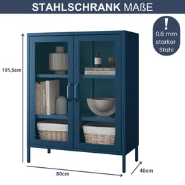 Jan Nowak Vitrinenschrank Wohnzimmer klein GINA 101,5 x 80 x 40 cm, Dunkelblau