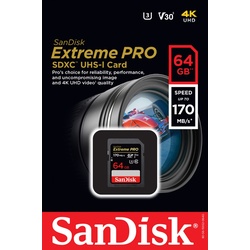 Sandisk SDXC-Card 64GB, Extreme PRO, U3, UHS-I, 4K UHD (R) 170MB/s, (W) 90MB/s, Retail-Blister