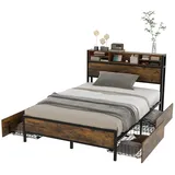 HAUSS SPLOE Metallbett 140*200cm mit Kopfteil, LED-Leuchten und USB-Ladeanschluss, Braun braun