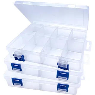 3 Stück Plastik Aufbewahrungsbox mit 8 Fächern, Stapelbar 8 Gitter Transparenter Aufbewahrungs Box, Einstellbares Fächern Sortierbox Organizer Box für Zubehör Perlen Schmuck Ohrring Nähfäden