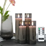 Rhytsing Grau flammenlose Led Kerzen im Glas, 4 Glaswindlichter mit Batterien und Fernbedienung enthalten - D 5 cm