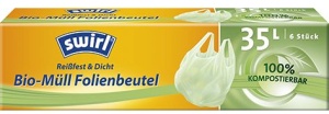 Swirl® Bio-Müll Folienbeutel, DIN CERTCO zertifiziert, garantiert kompostierbar, 1 Karton = 16 x 6 Beutel = 96 Beutel mit Tragegriff, 35 l