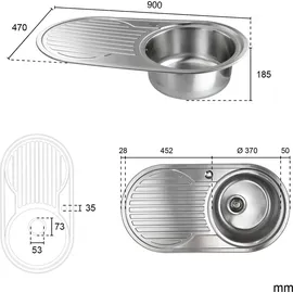 stabilo-sanitär Calypso XL rund links Einbauspüle Edelstahl Handbetätigung 900 x 470 mm