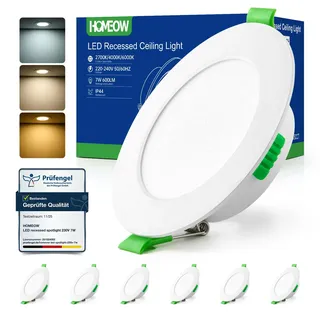 HOMEOW Einbaustrahler LED IP44 für Badezimmer, 7W LED Spots 230V Warmweiß Neutralweiß Kaltweiß, Deckenspots Einbauleuchten 75mm–90mm Lochmaß, Ultra Flach 24mm, 6er Set