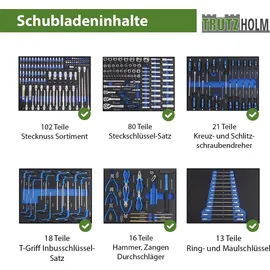Trutzholm Werkstattwagen 249-tlg. bestückt 8 Schubladen Edelstahlauflage Seitentür Soft Close Schaumeinlagen