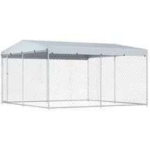 vidaXL Outdoor-Hundezwinger mit Überdachung 382 x 382 x 225 cm Stahl Grau