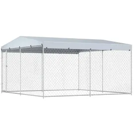 vidaXL Outdoor-Hundezwinger mit Überdachung 382 x 382 x 225 cm Stahl Grau