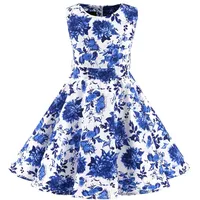 SXSHUN Mädchen Retro Vintage Rockabilly Kleid Partykleider Cocktailkleider Im 50er-Jahre-Stil, Blauweißes Porzellan, 116 (Etikettengröße:120) - 116