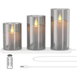 EXTSUD LED-Kerze LED Kerzen, Flackernde Flamme Kerzen mit Ladestation und Fernbedienung (3-tlg), 3er Set kerzen aus Glas grau