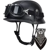 DCJDKCVKI Deutsche Leder Motorrad Halbhelme Retro Halbschalenhelm JetHelm mit Visier Schnellverschluss Schnalle für Cruiser Chopper Biker Moped ECE-Zulassung
