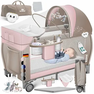 Kidiz KIDIZ® Babybett Reisebett Kinderreisebett Faltbar mit Matratze 120x60, Seiteneingang, Wickelauflage, Mosktionetz, Spielbogen & Tragetasche Baby Beistellbett Kinderbett ab Geburt bis 15 kg