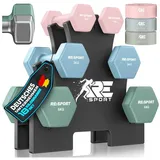 RE:SPORT Hantel-Set Hantelset mit Ständer inkl. Fitnessbänder, (Hanteln Hantelset für Damen & Herren), Hanteln Set Neopren 3 Paar mit Ständer blau|rosa
