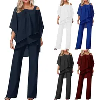 Damen Hosenanzüge Elegant Hochzeit Gäste Hosenanzug 2-teiliges Chiffon Formelles Outfit Übergröße Abschlussball Abend Zweiteiliger Hosenanzug Mutter der Braut Hosenanzug, #01 Navy, 3XL - 3XL