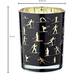 EDZARD Windlicht Monty (Höhe 13 cm, ø 10 cm), Windlicht mit Skisport Motiv, innen gold / außen schwarz