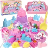 Magic Sand Sandbox Set, Geschenke für Mädchen Einhorn Spielsand Koffer mit 900g Spielsand Einhorn Figure Strandwerkzeuge Sensorisch Sandspielzeug Zaubersand Einhorn Geschenk für Mädchen Jungen 3+