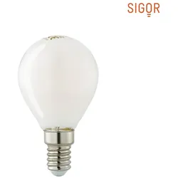SIGOR LED Filamentlampe KUGEL, 230V, Ø 4.5cm / L 8cm, E14, 4.5W 2700K 400lm 300°, dimmbar, opal schattenfrei SIG-6141101