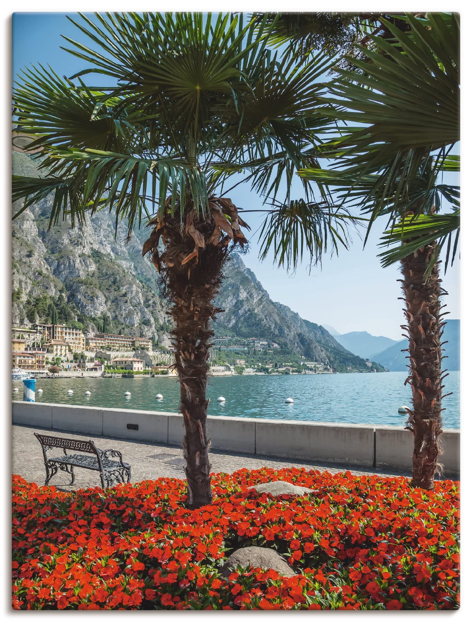 ARTland Leinwandbilder Wandbild Bild auf Leinwand 30 x 40 cm Wanddeko Natur Pflanzen Palme Pier Promenade Idyll See Gardasee Berge Südtirol Italien Q3BO