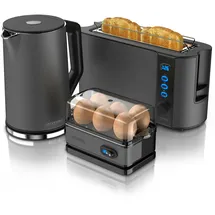 Arendo Frühstücks Set in Grau - Wasserkocher / Langschlitz Toaster / Eierkocher