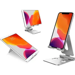 TOJ Handyhalter | Ständer / Halterung / Stativ | Tablethalter | Faltbar / Klappbar - Silber