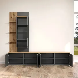 trendteam Wohnwand HOME AFFAIRE "Bajo", anthrazit, evoke eiche, B:240cm H:212cm T:40cm, Glas, Holzwerkstoff, Kunststoff, Kastenmöbel-Sets, Wohnwand, Set bestehend aus: 2x TV-Lowboards, 1x Hängevitrine