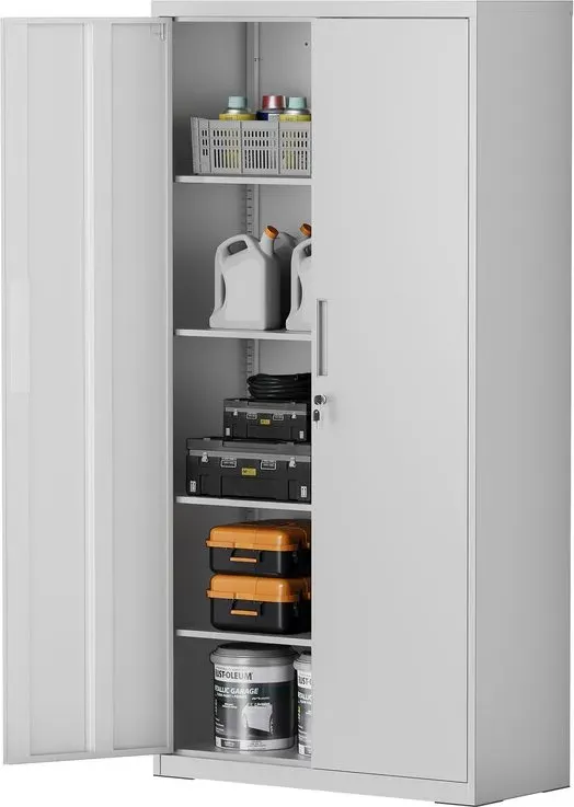 Ochama x SONGMICS Aktenschrank, Mehrzweckschrank, Aufbewahrungsschrank, 5 Ebenen, 40 x 80 x 180 cm, Doppeltüren, Schloss, verstellbare Ablagen, grau