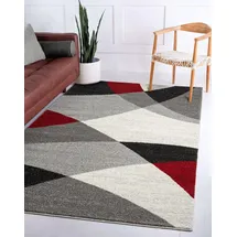The CarPET Pearl – Moderner Kurzflor Teppich, dichter Flor, geometrisches Muster, Konturenschnitt, Wohnzimmer & Schlafzimmer Teppich, Wellenmuster, Grau Rot, 160 x 220 cm