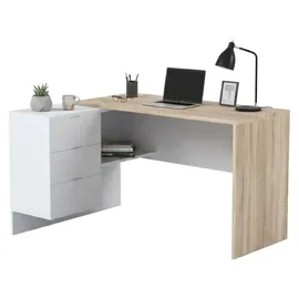 Dmora Schreibtisch Dfagg, Wendeschreibtisch mit Kommode, Eckstudie oder Büro-PC-Tisch, 145x108h73 cm, Eiche und Weiß - Dmora