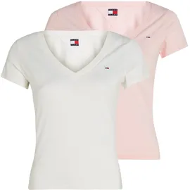 Tommy Hilfiger Tommy Jeans Damen 2er Pack T-Shirts Kurzarm mit V-Ausschnitt, Mehrfarbig (Ecru/Precious Pink), XS - XS