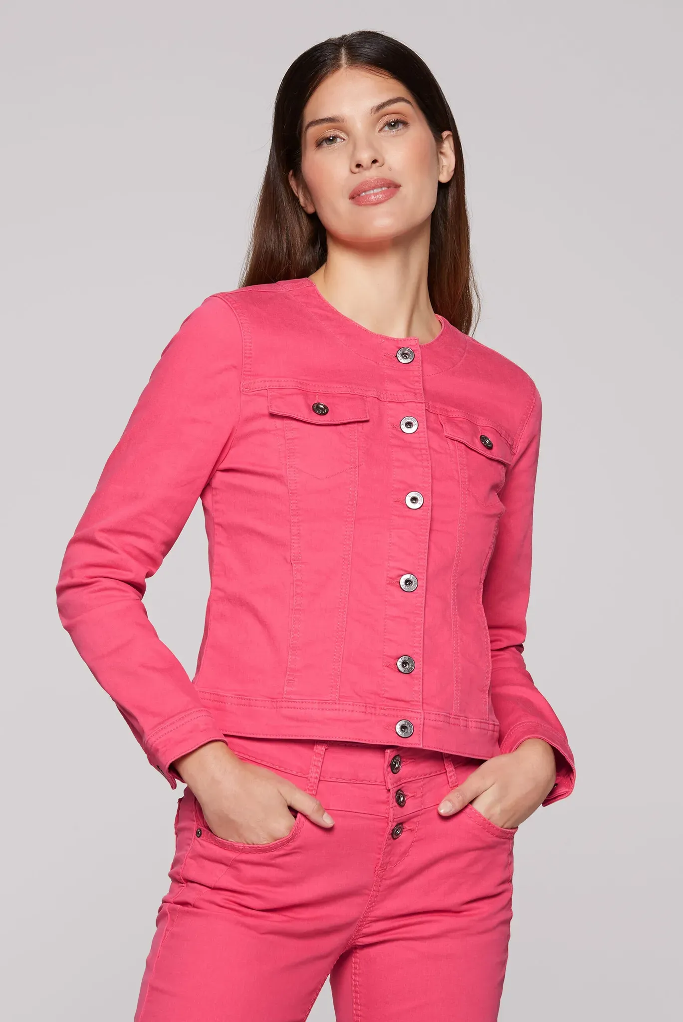 Jeansjacke SOCCX, Damen, Gr. XXL, rosa (coral pink), Jeans, Material: 85% Baumwolle, 12% Polyester, 3% Elasthan, unifarben, slim fit kurz, eingesetzt 1-Knopf-Manschette, Jacken Jeansjacke, mit Brusttaschen