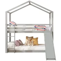 PHOEBE CAT Etagenbett (Kinderbett Hausbett 90x200 cm), Hochbett mit Lattenrost, Rutsche, Rausfallschutz und Leiter, Kiefer grau