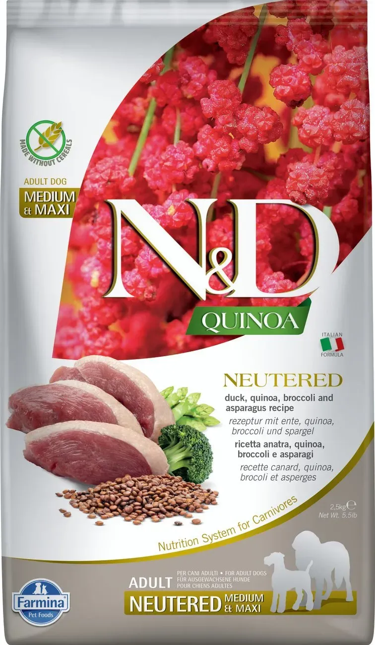 Farmina Quinoa Formula Adult Hundefutter für kastrierte Hunde, Mittelgroße und große Rassen - Ente, Brokkoli & Spargel 2,5 kg