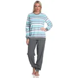 Normann Pyjama Damen Frottee Pyjama langarm mit Bündchen in Blockstreifenoptik blau 36/38