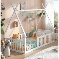 ALAVYA HOME ALAVYA HOME® Hausbett Bodenbett Sky FSC Zertifiziert mit Rausfallschutz & Lattenrost, bodentiefes Jugendbett weiß massiv BUCHE für Junge Mädchen (Weiß - mit Matratze, 90 x 200 cm)