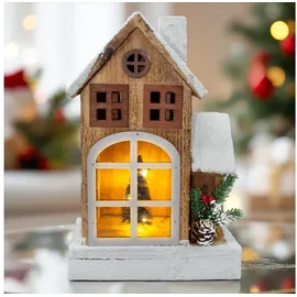 Spetebo LED Holz Weihnachts Haus mit Schneedach - 29 cm - Lichterhaus Tisch Fenster Deko beleuchtet mit weihnachtlichem Zierschmuck