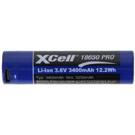 XCell Pro 18650 Li-Ion Akku geschützter Li-Ion Akku, mit USB-C Ladebuchse, min. 3250mAh max. 3400mAh, 3,6 Volt, 71,1mm x 18,8mm