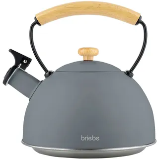 Briebe Nordic Wasserkessel Induktion Flötenkessel, Edelstahl Teekessel Retro Alle Herdarten, GlasKeramikherd, Gas, Elektroherd, Holzgriff Grau