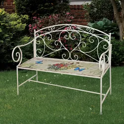 Gartenbank Stahl Gartenbank weiss Metall Sitzbank Garten Metall, Zierornamente, Schmetterlings Design, altweiß, LxBxH 109x51x92 cm
