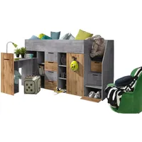 Unique Home Hochbett Kinderbett KON3-P, Hochbett mit Schreibtisch, Schrank und Schubladen