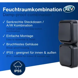 REV Ritter REV - AquaStorm, Feuchtraum Steckdose Aufputz mit Lichtschalter, IP55, senkrecht, 230V, 16A, anthrazit