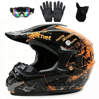 UIGJIOG Motocross-Helm, Jugendhelm, ATV-, Dirtbike-Motorradhelm, Vollvisier-Off-Road-Motorrad-Crash-Helm, BMX-4-Wheeler-Off-Road-Mountainbike-Helm, mit Handschuhen, Schutzbrille, Maske, Orange, XL (58