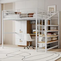 Merax Hochbett aus Metall, 140 x 200 cm mit Regal, multifunktionales Hochbett mit Treppe, für Kinder, Weiß (ohne Matratze, Schrank und Schreibtisch)