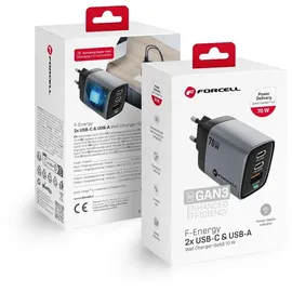 forcell GaN III VT-37 Reiseladegerät mit Display LCD 2x USB-C + USB A PD QC4.0 SAM SFC2.0 3.45A 70W grau | Gr.: onesize
