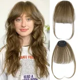 Pony Haarteil Echthaar 100% mit Clip - One Piece geschwungener Pony mit Schläfenhaar für Damen, täglicher Gebrauch, Hellbraun