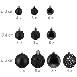 Relaxdays Weihnachtskugeln 50er Set, glitzernde, Matte & glänzende Christbaumkugeln, Kunststoff, ∅ 3, 4 & 6 cm, schwarz