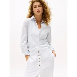 Shirtbluse TOMMY HILFIGER "ESS POPLIN REGULAR SHIRT", Damen, Gr. 44, blau (classic ithaka stp breezy blau), Web, Obermaterial: 97% Baumwolle, 3% Elasthan, unifarben, casual, regular fit, Kurzarm, Blusen