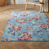 Dreams & Drapes Vintage Blau Teppich 180 x 120 cm Teppich für Wohnzimmer Schlafzimmer Küche Waschbarer Teppich Rutschfester Teppich Großer Teppich Traditioneller Teppich